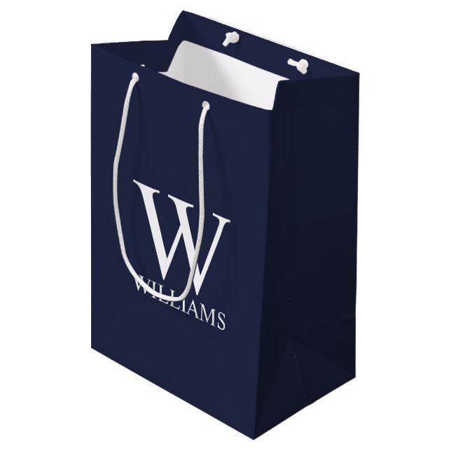 Navy Blue Personalised Monogram and Name Medium Gift Bag (Front Angled)