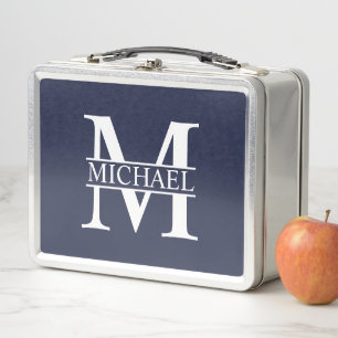 Navy Blue Personalised Monogram and Name Metal Lunch Box