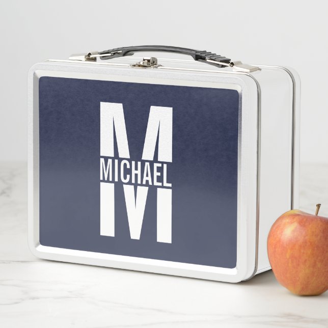 Navy Blue Personalised Monogram and Name Metal Lunch Box (In Situ)