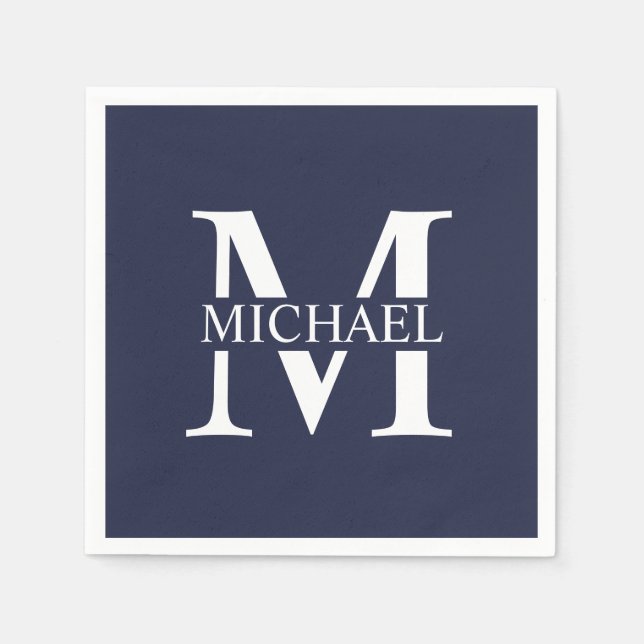 Navy Blue Personalised Monogram and Name Napkin (Front)