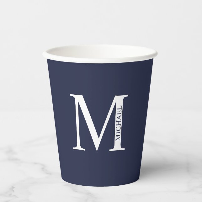 Navy Blue Personalised Monogram and Name Paper Cups (Front)