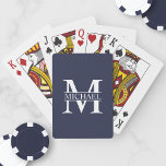 Navy Blue Personalised Monogram and Name Playing Cards<br><div class="desc">Personalised Monogram and Name Gifts
featuring personalised white monogram in classic serif font style with box of name in the middle of monogram on navy blue background.

Perfect as father's day gifts for dad,  thank you gifts for groomsmen and more.</div>