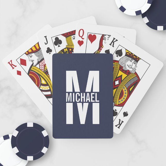 Navy Blue Personalised Monogram and Name Playing Cards (Creator Uploaded)
