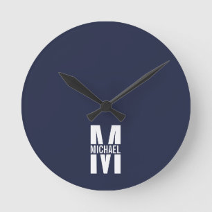 Navy Blue Personalised Monogram and Name Round Clock