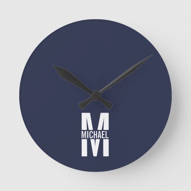 Navy Blue Personalised Monogram and Name Round Clock (Front)