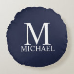 Navy Blue Personalised Monogram and Name Round Cushion<br><div class="desc">Personalised Monogram and Name Gift
features personalised monogram and name in white classic serif font style on navy blue background.

Perfect as holiday gift,  family reunion favours,  housewarming gift,  wedding gift and gift for any special occasions.</div>