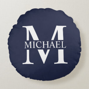 Navy Blue Personalised Monogram and Name Round Cushion