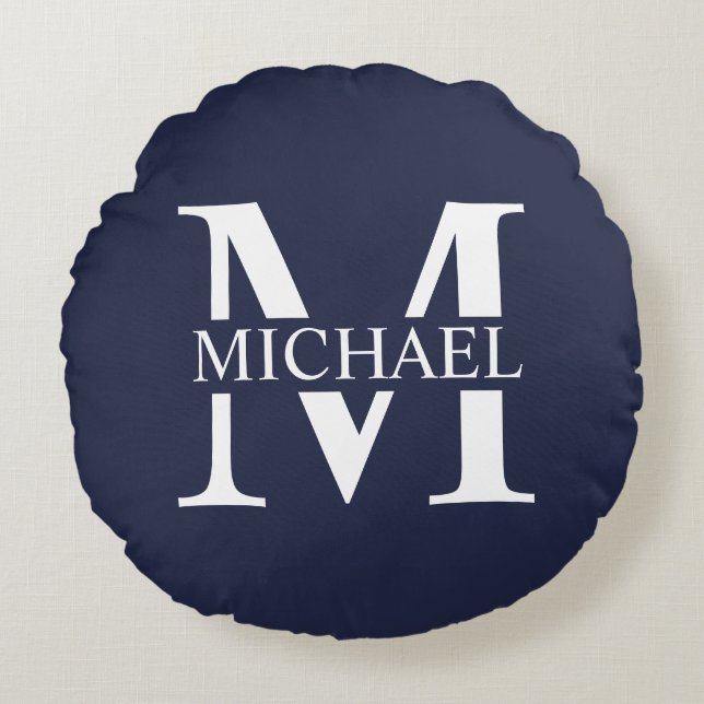 Navy Blue Personalised Monogram and Name Round Cushion (Front)