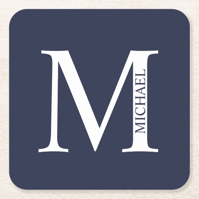 Navy Blue Personalised Monogram and Name Square Paper Coaster (Front)