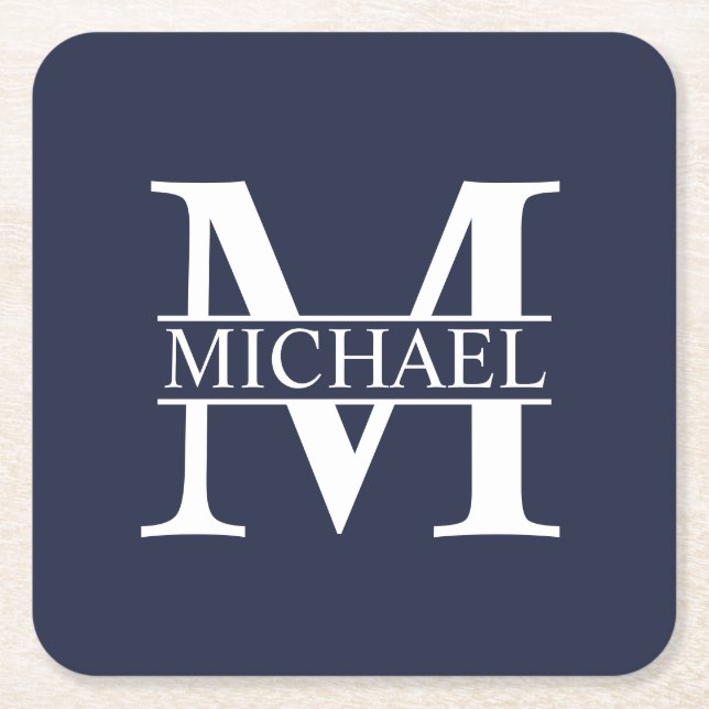 Navy Blue Personalised Monogram and Name Square Paper Coaster (Front)