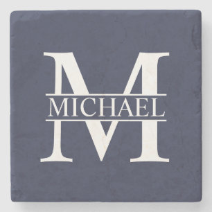 Navy Blue Personalised Monogram and Name Stone Coaster