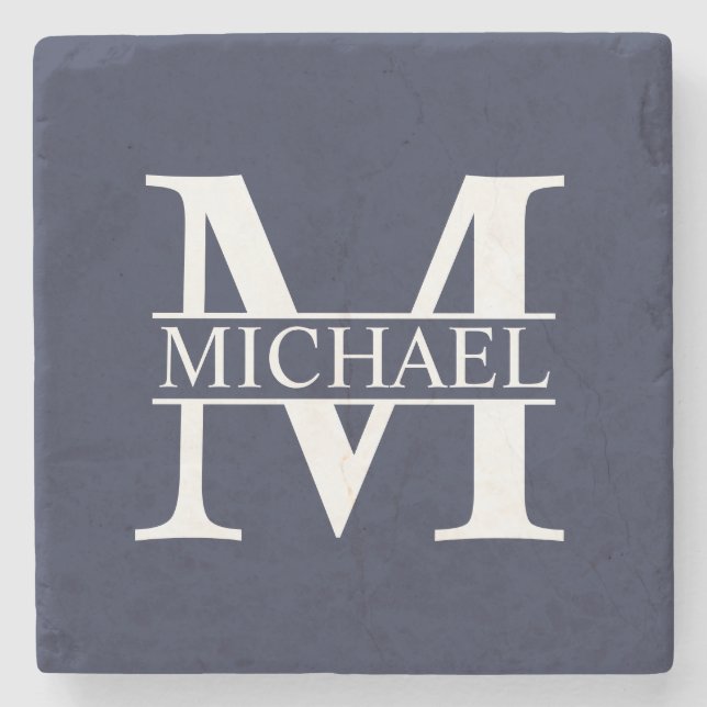 Navy Blue Personalised Monogram and Name Stone Coaster (Front)