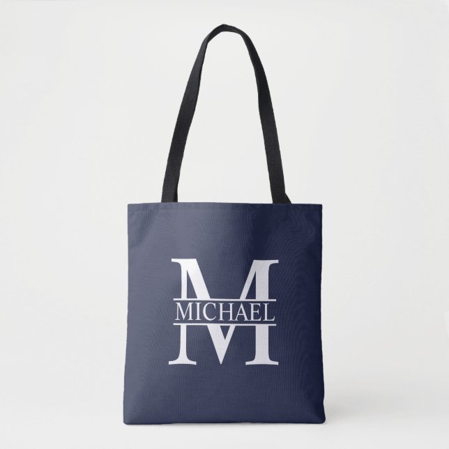Navy Blue Personalised Monogram and Name Tote Bag (Front)