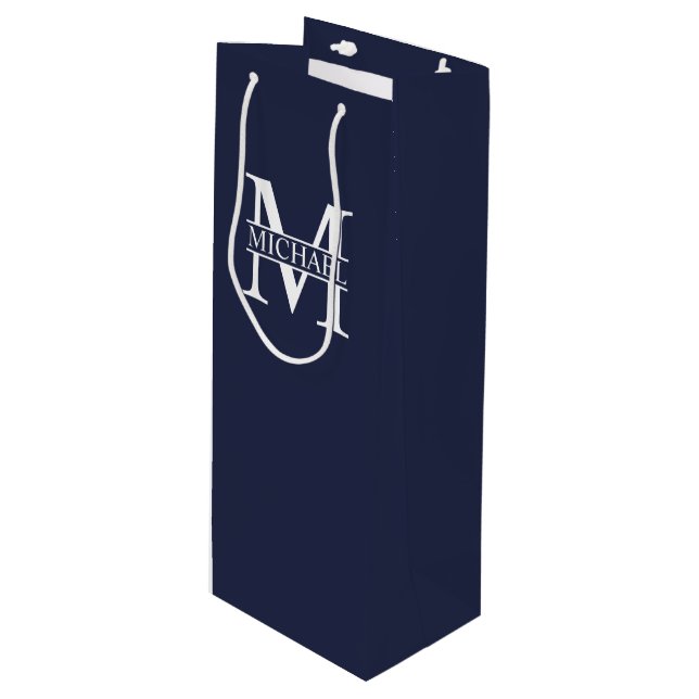Navy Blue Personalised Monogram and Name Wine Gift Bag (Front Angled)