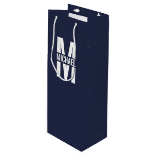 Navy Blue Personalised Monogram and Name Wine Gift Bag