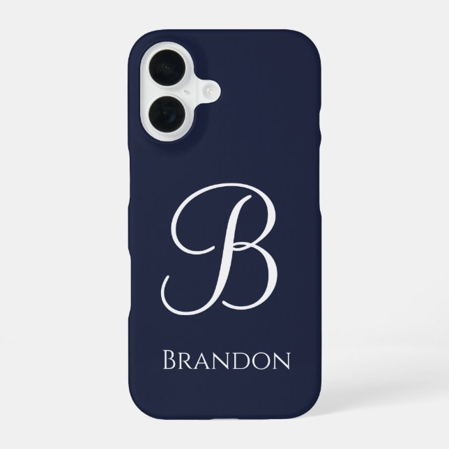 Navy Blue Personalised Name and Monogram iPhone 16 Case (Back)