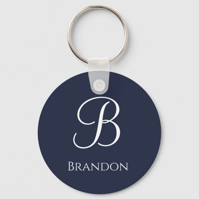 Navy Blue Personalised Name and Monogram Key Ring (Front)