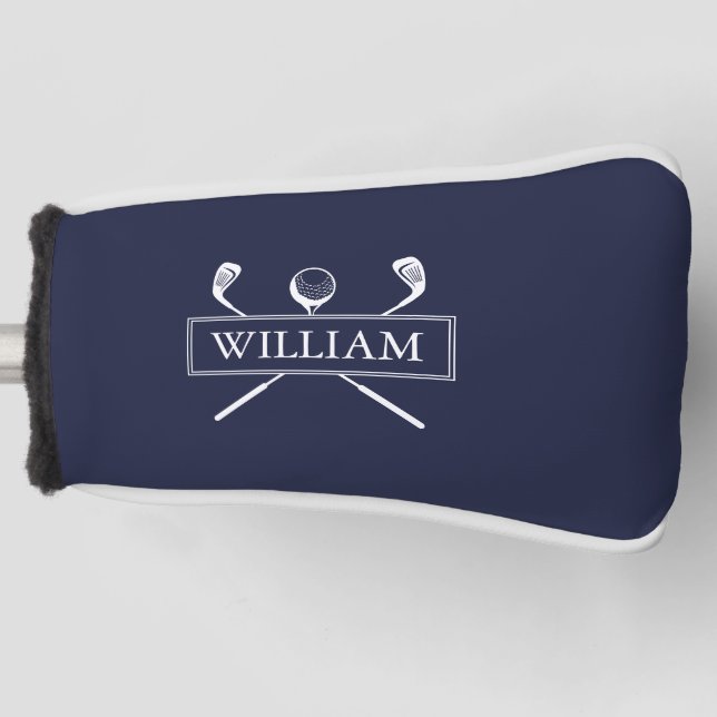 Navy Blue Personalised Name Clubs And Ball Golf Head Cover (Front)