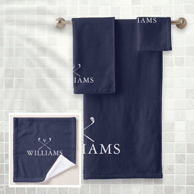 Navy Blue Personalised Name Golf Clubs Bath Towel Set (Creator Uploaded)