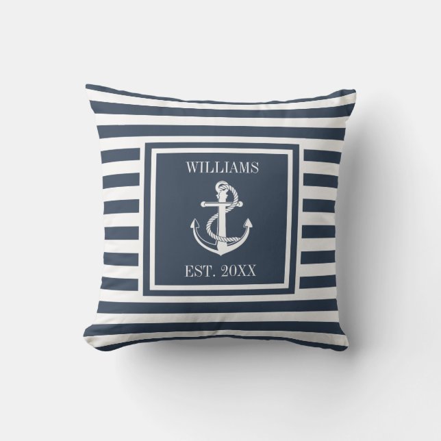 Navy Blue Personalised Name Stripe Nautical Anchor Cushion (Front)