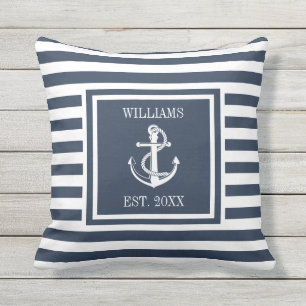 Navy Blue Personalised Name Stripe Nautical Anchor Cushion