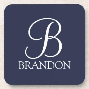 Navy Blue Personalised Script Monogram and Name Coaster