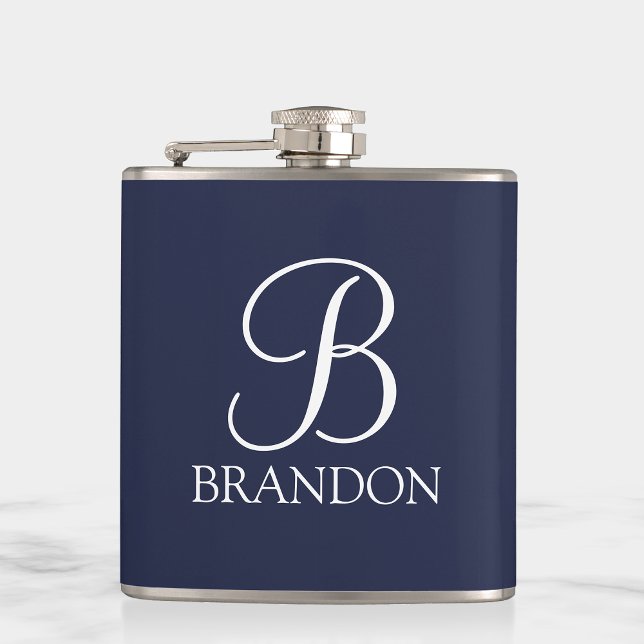 Navy Blue Personalised Script Monogram and Name Hip Flask (Creator Uploaded)