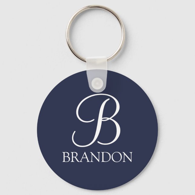 Navy Blue Personalised Script Monogram and Name Key Ring (Front)