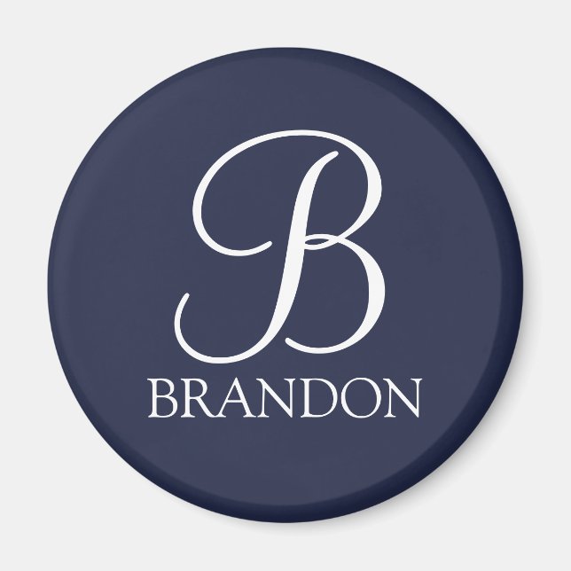 Navy Blue Personalised Script Monogram and Name Magnet (Front)
