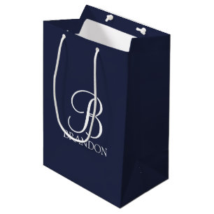 Navy Blue Personalised Script Monogram and Name Medium Gift Bag