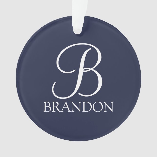 Navy Blue Personalised Script Monogram and Name Ornament (Front)