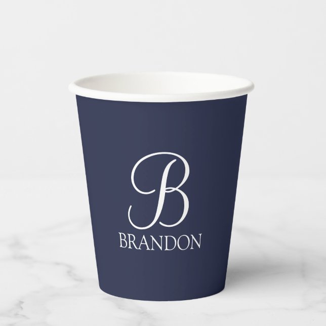 Navy Blue Personalised Script Monogram and Name Paper Cups (Front)
