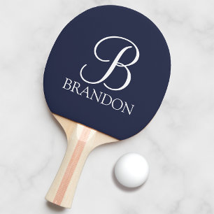 Navy Blue Personalised Script Monogram and Name Ping Pong Paddle