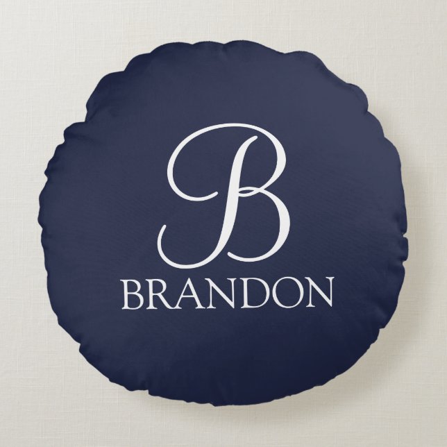 Navy Blue Personalised Script Monogram and Name Round Cushion (Front)