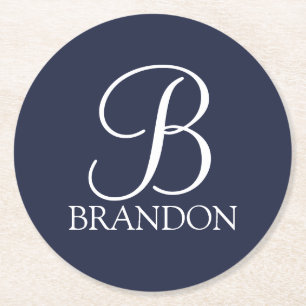 Navy Blue Personalised Script Monogram and Name Round Paper Coaster