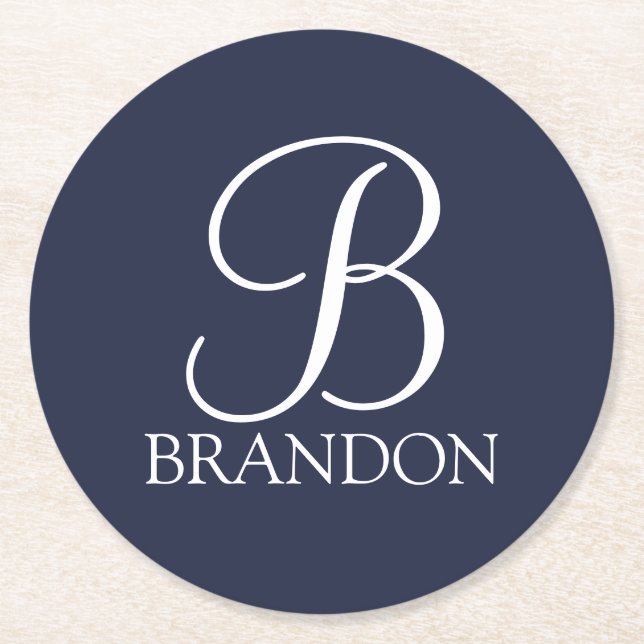 Navy Blue  Personalised Script Monogram and Name Round Paper Coaster (Front)