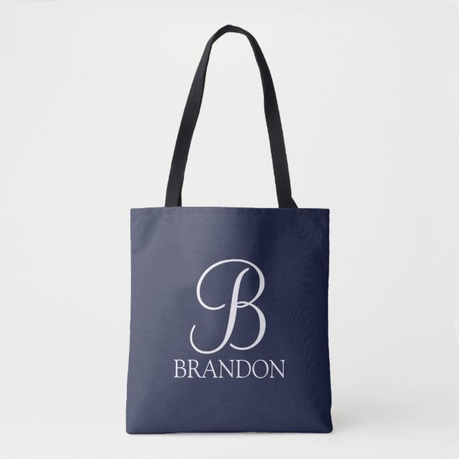 Navy Blue Personalised Script Monogram and Name Tote Bag (Front)
