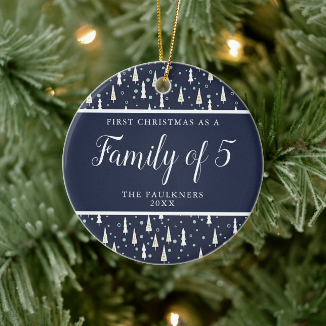 Navy Blue Personalized Family of Five 3rd Baby Ceramic Tree Decoration (Tree)