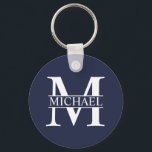 Navy Blue Personalized Monogram and Name Key Ring<br><div class="desc">Personalized Monogram and Name Gifts
featuring personalized white monogram in classic serif font style with box of name in the middle of monogram on navy blue background.

Perfect as father's day gifts for dad,  thank you gifts for groomsmen and more.</div>