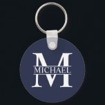 Navy Blue Personalized Monogram and Name Key Ring<br><div class="desc">Personalized Monogram and Name Gifts
featuring personalized white monogram in classic serif font style with box of name in the middle of monogram on navy blue background.
Perfect as father's day gifts for dad, thank you gifts for groomsmen and more.</div>