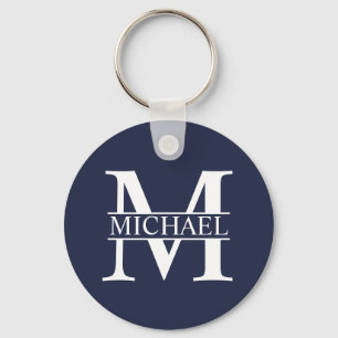 Navy Blue Personalized Monogram and Name Key Ring