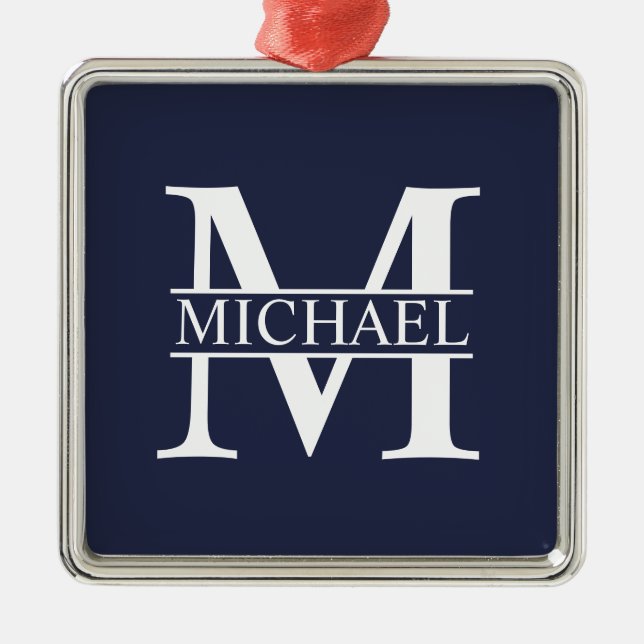 Navy Blue Personalized Monogram and Name Metal Tree Decoration (Front)