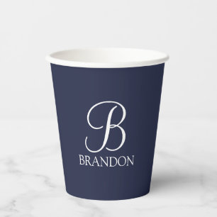 Navy Blue Personalized Script Monogram and Name Paper Cups