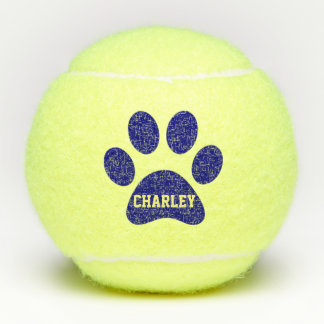 Navy Blue Pet Paw Print Personalised Name Toy Tennis Balls
