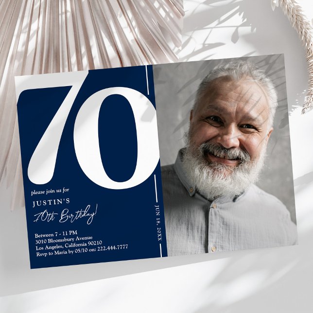 Navy Blue Photo 70th Birthday Party Invitation (Creator Uploaded)