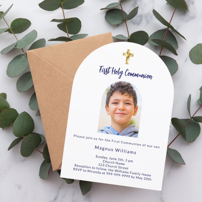 Navy blue photo arch boy First Holy Communion Invitation (Creator Uploaded)