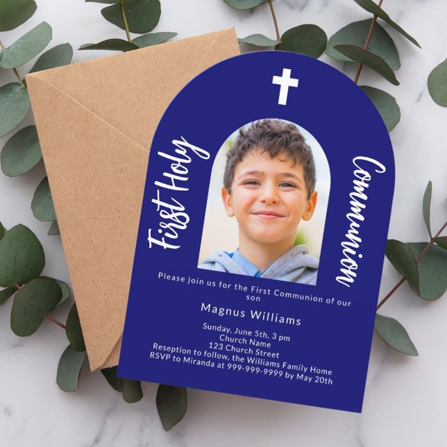 Navy blue photo arch boy First Holy Communion  Invitation (Creator Uploaded)