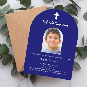 Navy blue photo arch boy First Holy Communion Invitation