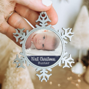 Navy Blue Photo Baby First Christmas Snowflake Snowflake Pewter Christmas Ornament