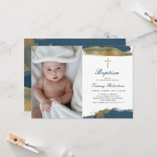 Navy Blue Photo Baptism Boy Golden Invitation